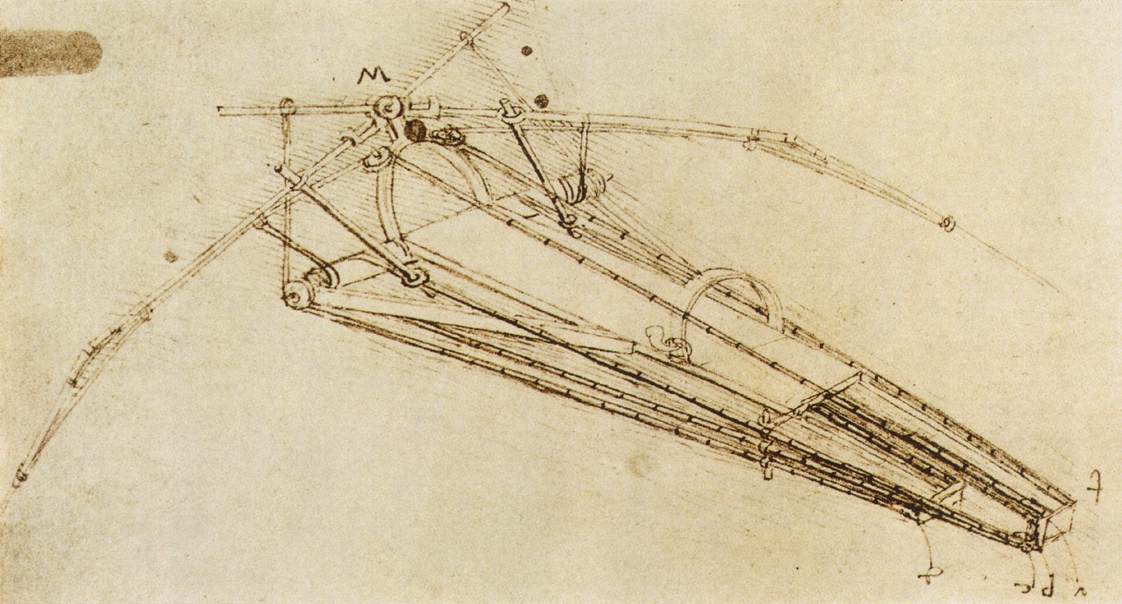 Leonardo da Vinci's study of a flying machine, with mechanical sketches and handwritten notes